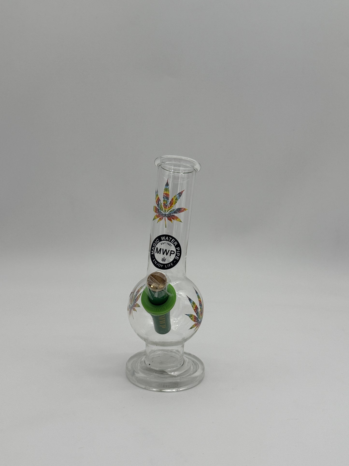 MWP Small Bent Bonza Bubble Bong 20cm Rainbow Leaf Glass Base