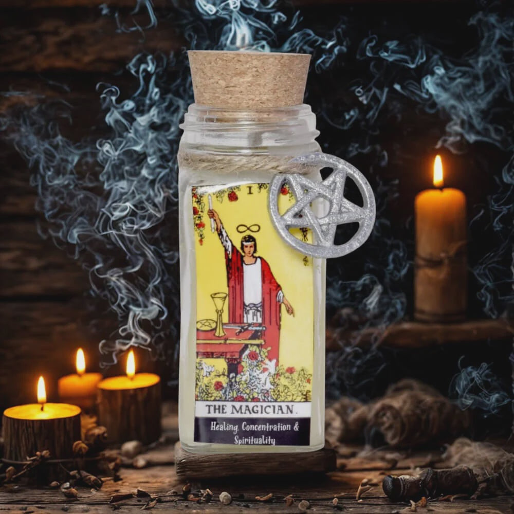CANDLE - The Magician Tarot 100gms with herbs and crystals